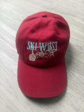 Anthropologie Red Baseball Cap with Blue Embroidery